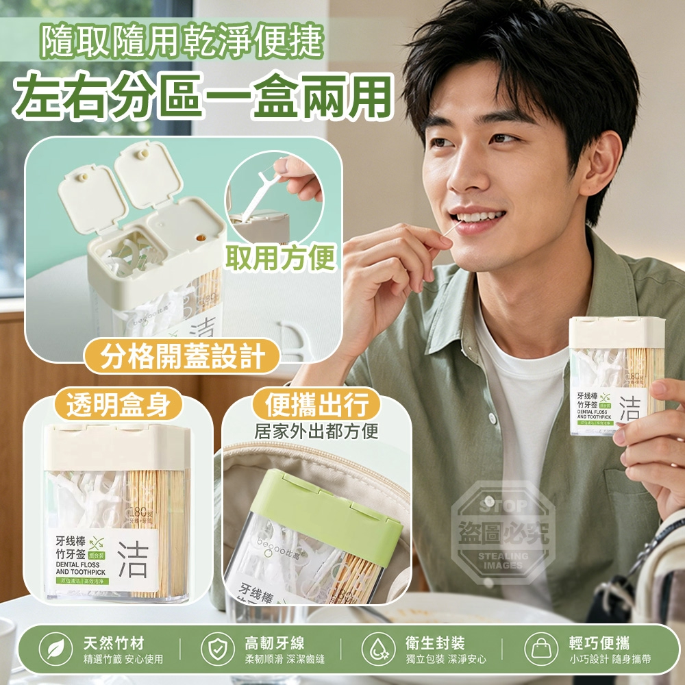(2盒)二合一牙線棒竹籤分區翻蓋高效潔牙隨身盒組 — 圖 2