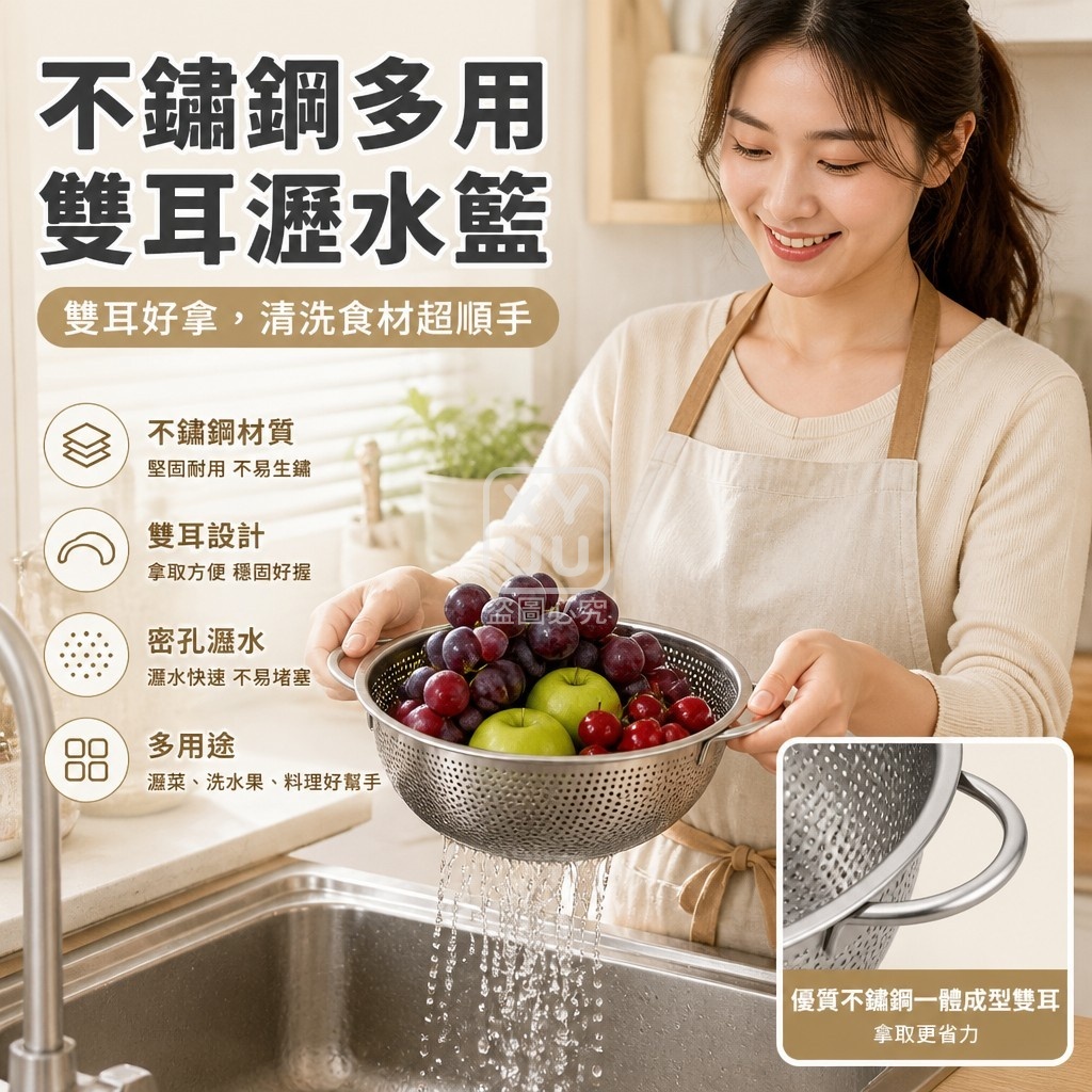 不鏽鋼多用雙耳瀝水籃 — 圖 2
