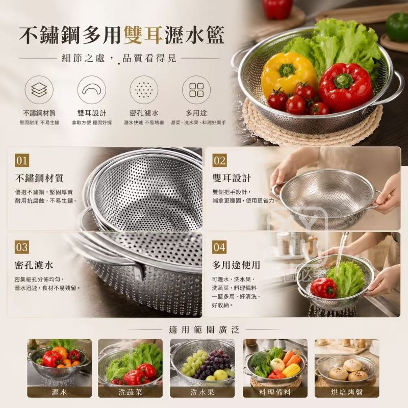 不鏽鋼多用雙耳瀝水籃 — 圖 3