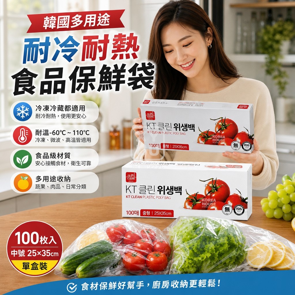 韓國 KT CLEAN 多用途耐冷耐熱食品保鮮袋25×35cm 100入 單盒 — 圖 2