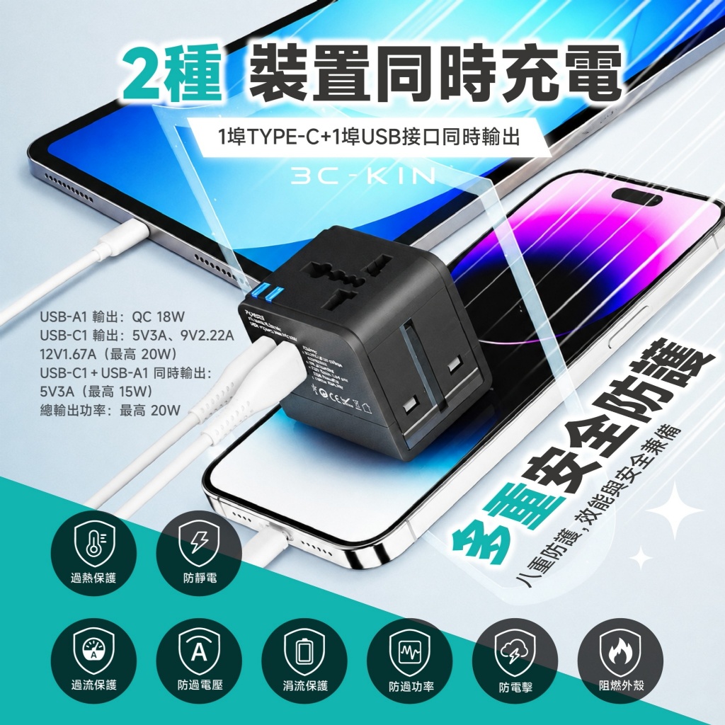 3C-KIN® PD20W快充萬國旅行充電器 — 圖 6