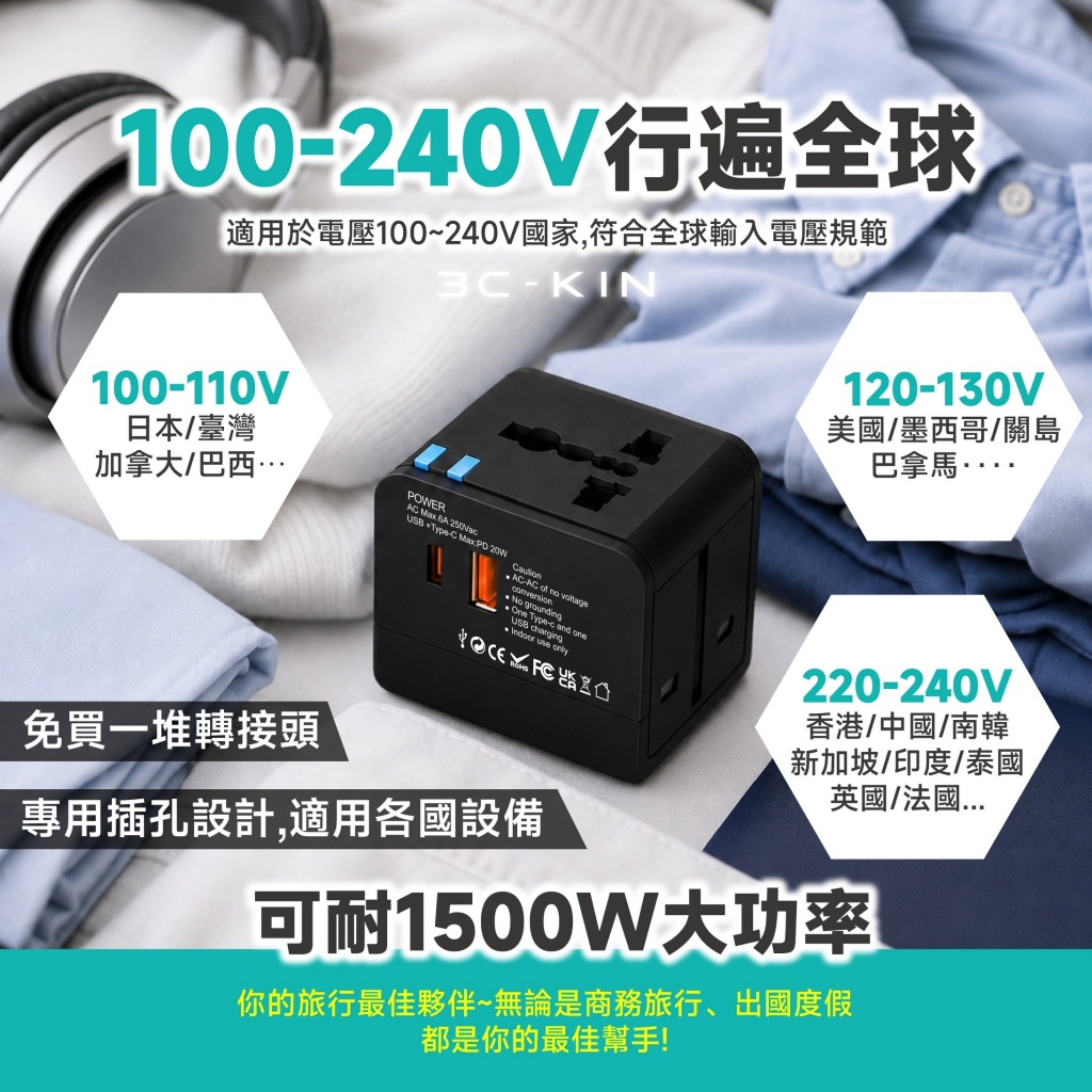 3C-KIN® PD20W快充萬國旅行充電器 — 圖 7