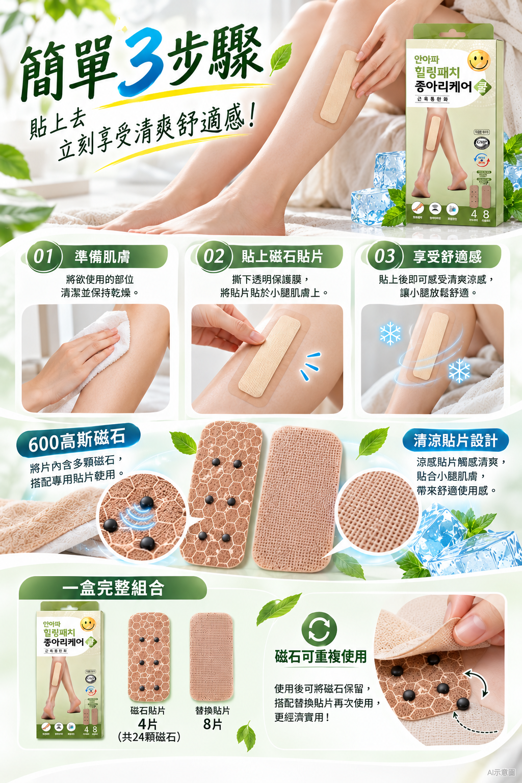 海快團-韓國 ANAPA 久站久走小腿救援600高斯磁石冰感貼組 單盒 — 圖 8