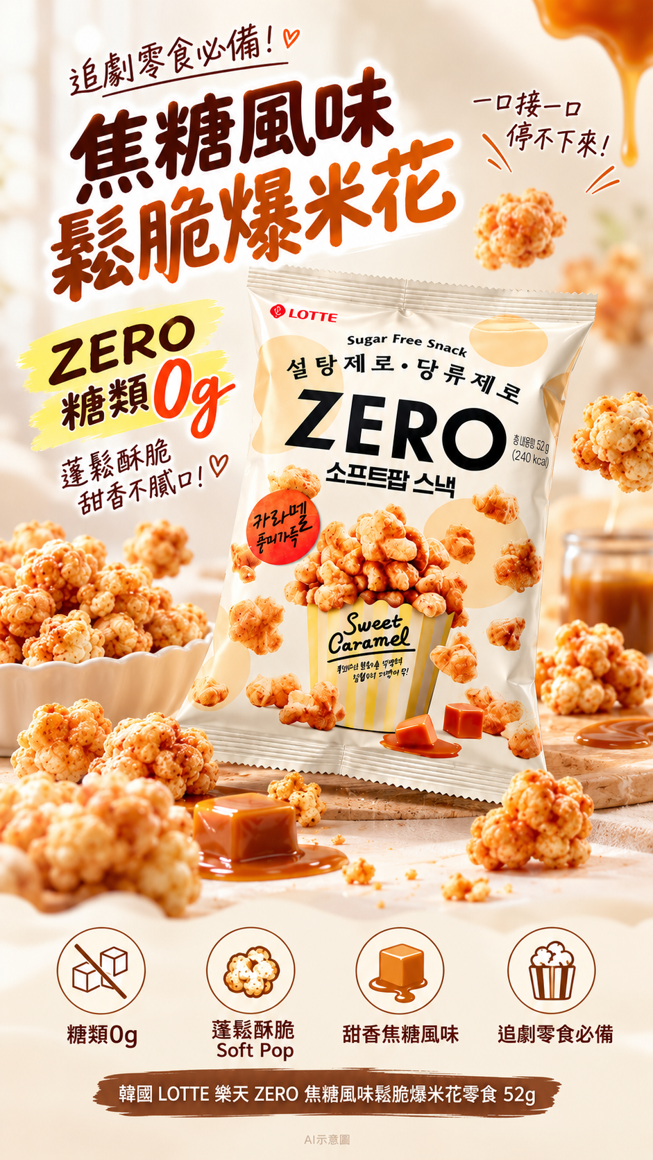空運團-韓國 LOTTE 樂天 ZERO 焦糖風味鬆脆爆米花零食52g 單包 — 圖 3