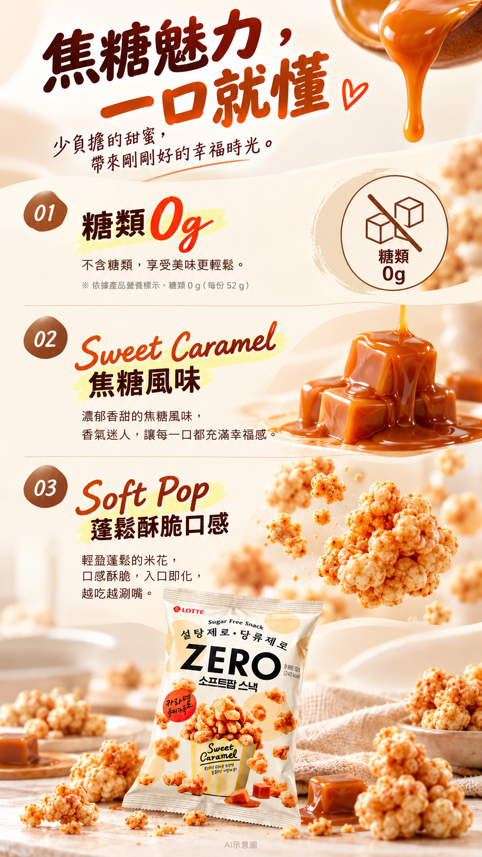 空運團-韓國 LOTTE 樂天 ZERO 焦糖風味鬆脆爆米花零食52g 單包 — 圖 4