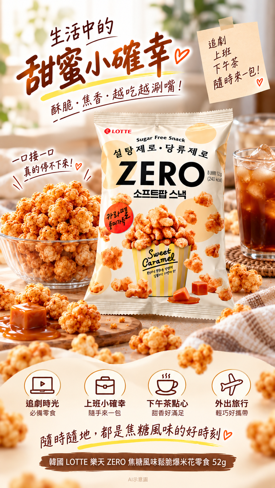 空運團-韓國 LOTTE 樂天 ZERO 焦糖風味鬆脆爆米花零食52g 單包 — 圖 7