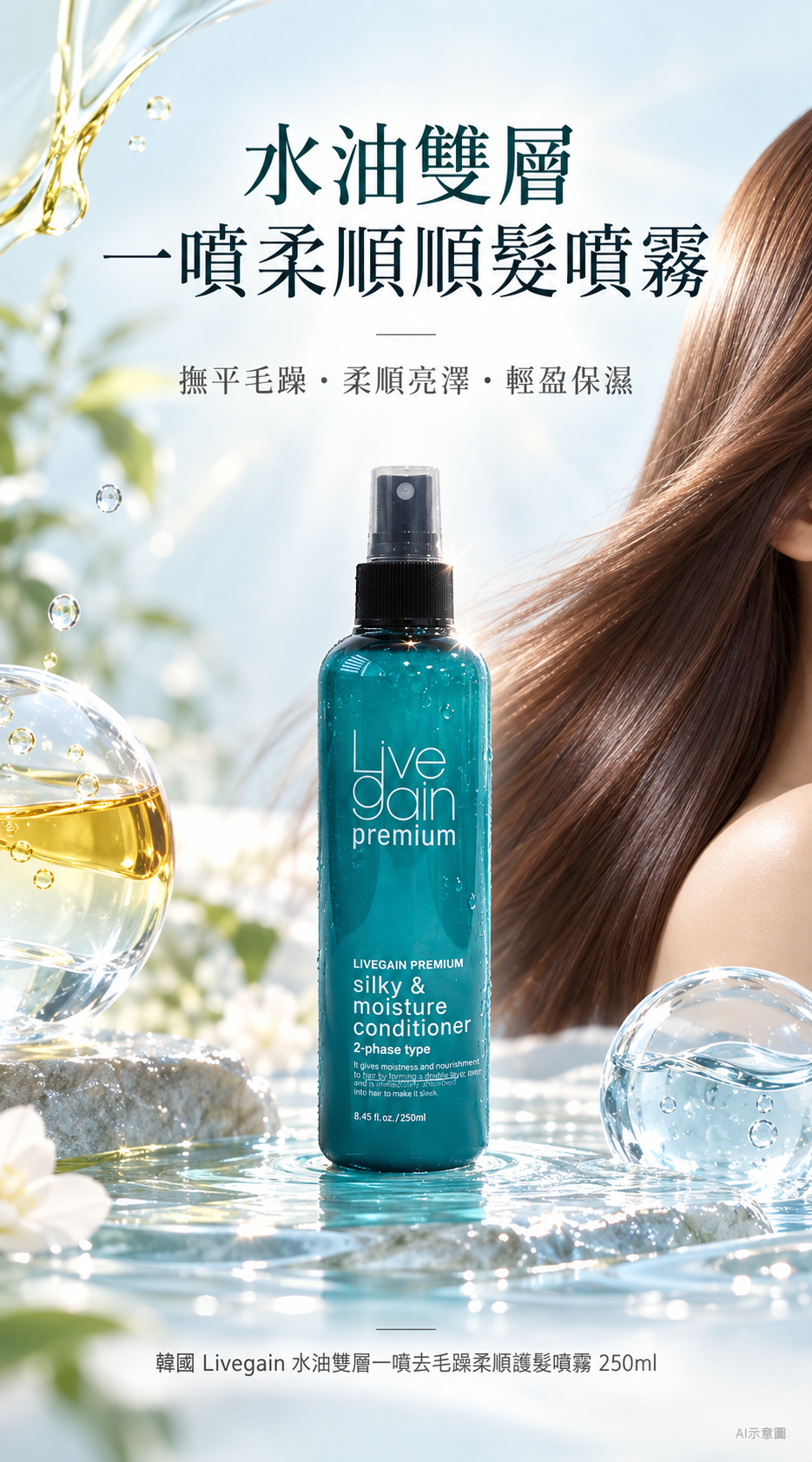 韓國 Livegain 水油雙層一噴去毛躁柔順護髮噴霧250ml 單瓶 — 圖 2