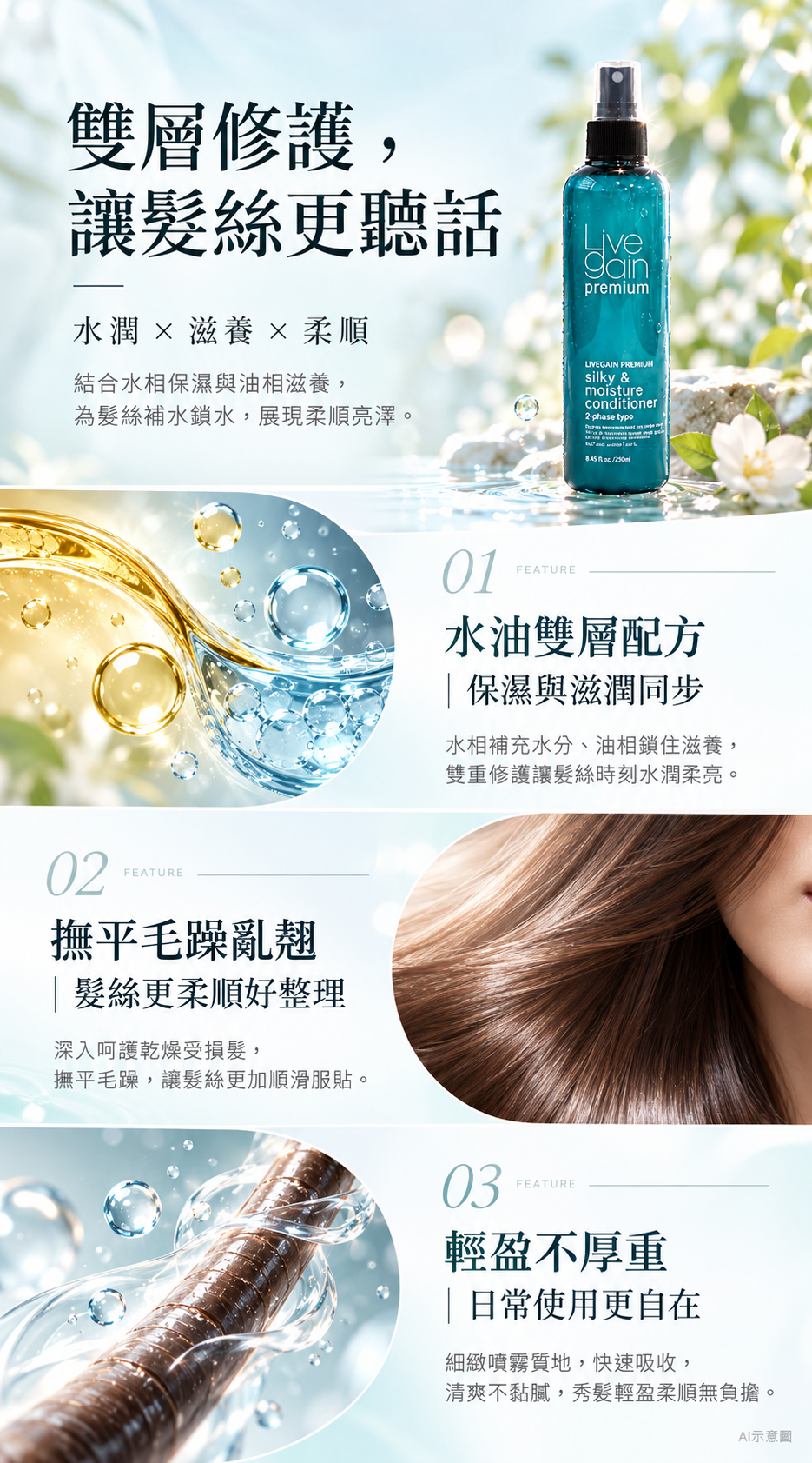 韓國 Livegain 水油雙層一噴去毛躁柔順護髮噴霧250ml 單瓶 — 圖 3