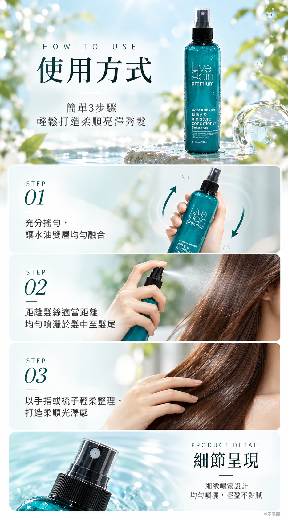 韓國 Livegain 水油雙層一噴去毛躁柔順護髮噴霧250ml 單瓶 — 圖 5